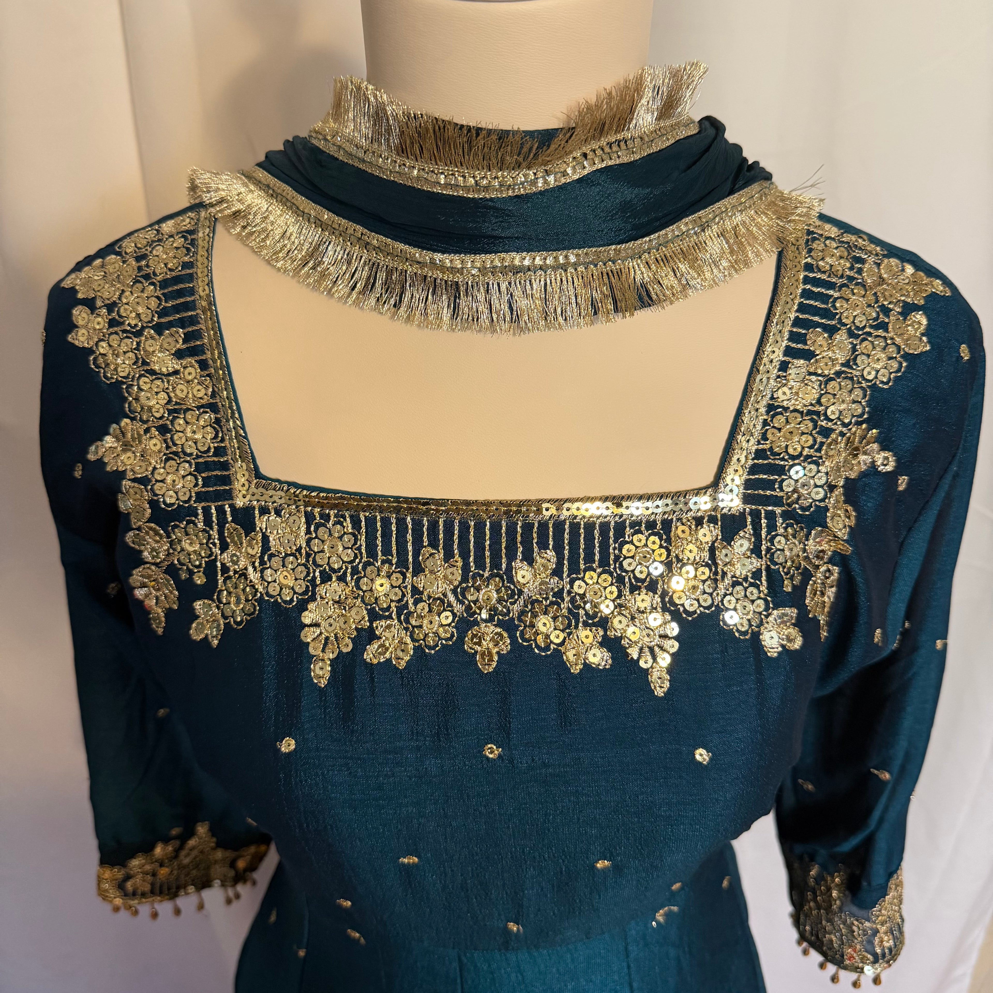 Dark blue anarkali 3 piece suit with trouser - fabric chinon silk