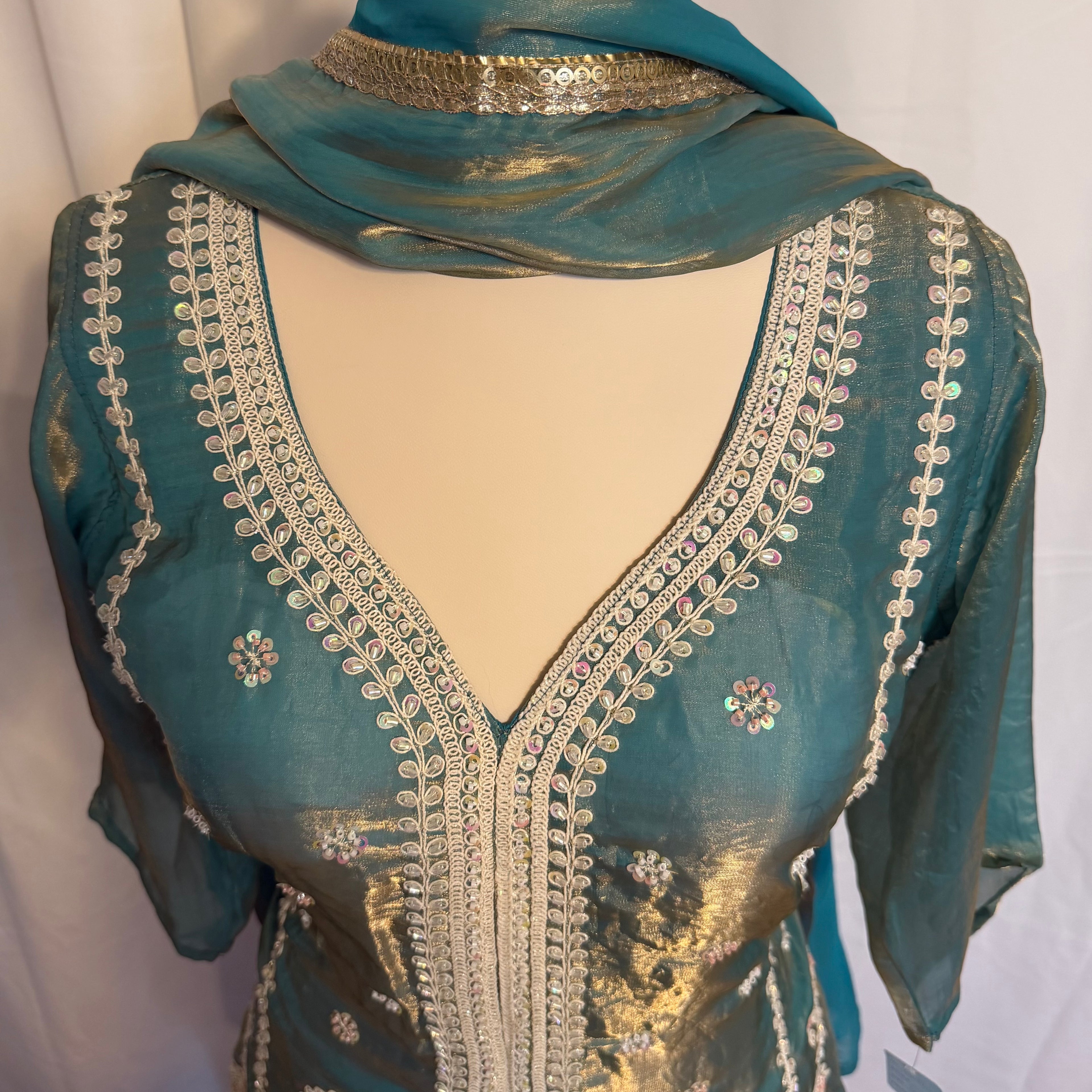 Party wear three piece, palazzo Suit color, teal green fabric fendy silk ￼