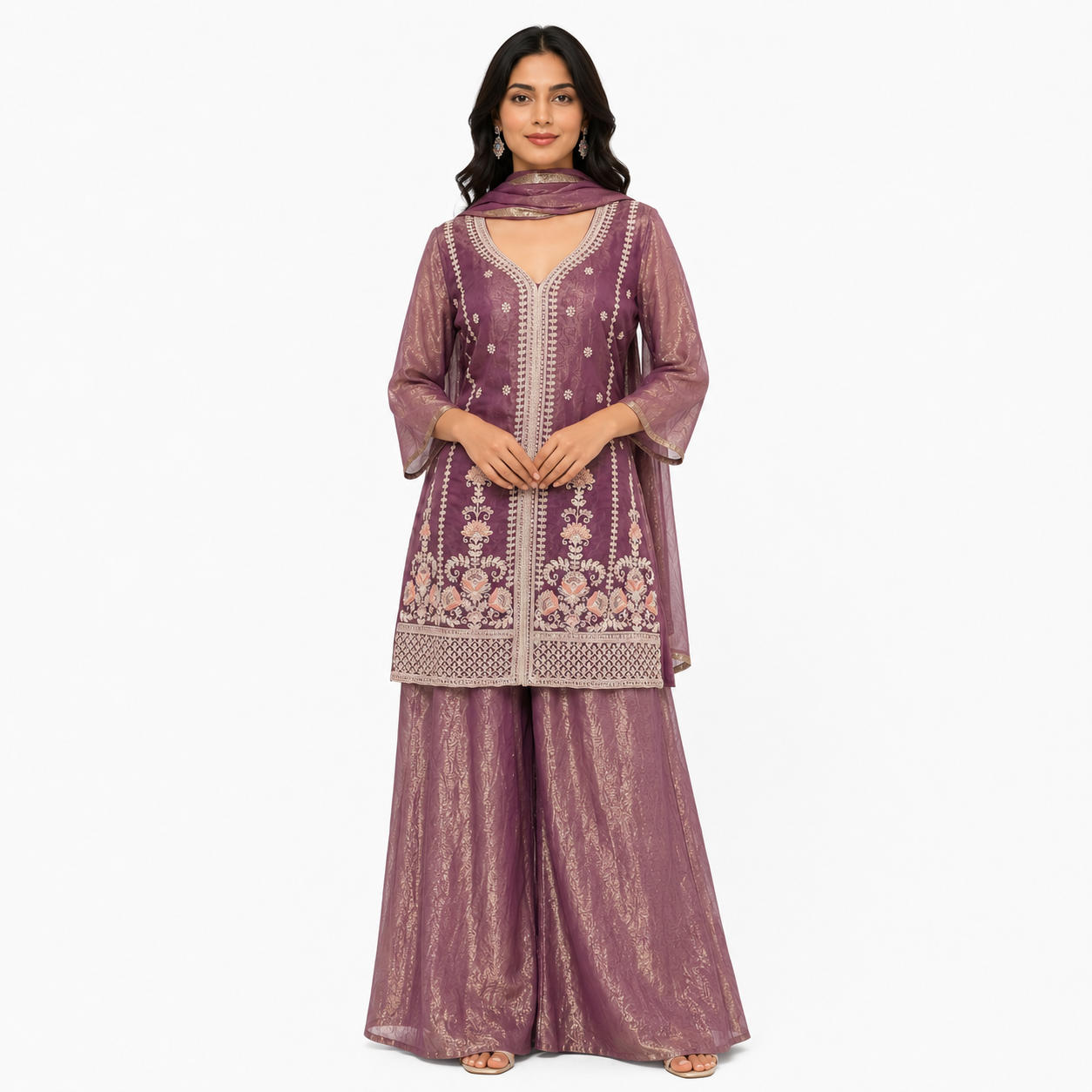Patrywear palazzo three piece Suit. Color, purple fabric, fendy silk.
