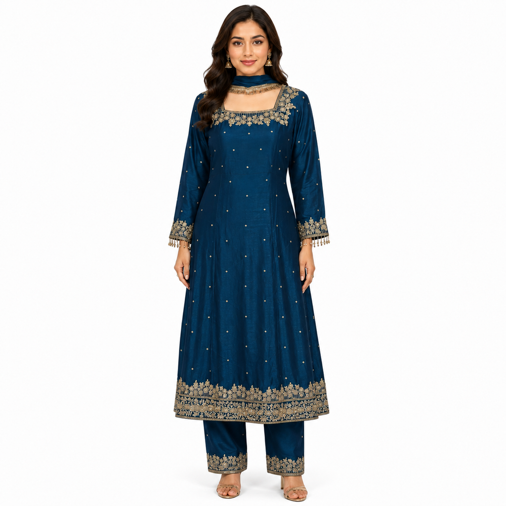 Dark blue anarkali 3 piece suit with trouser - fabric chinon silk
