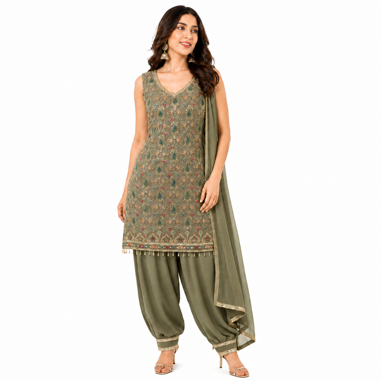 Partywear 3 Piece Suit With Afghani Salvar