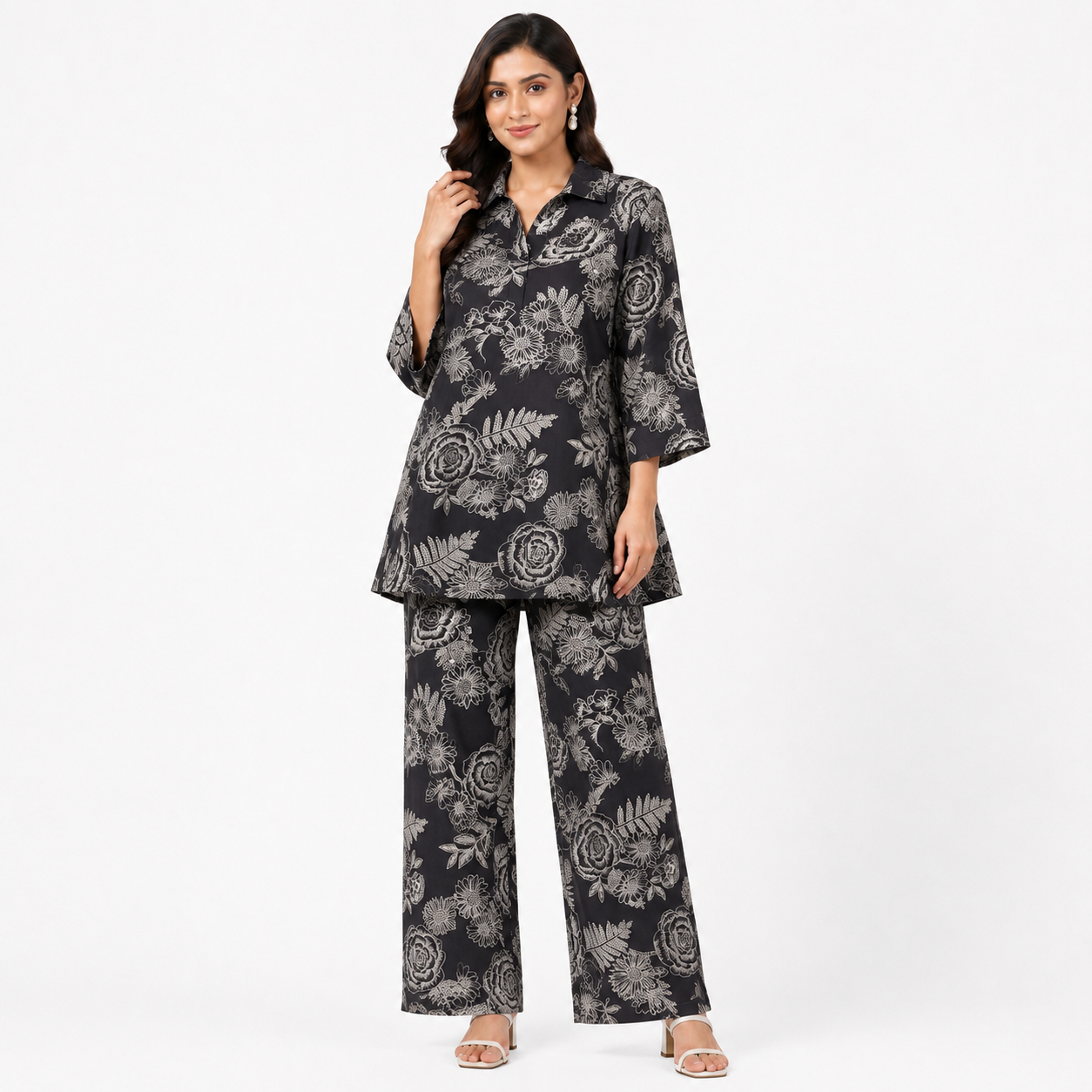 Printed Floral Co-ord Set – Rust, Charcoal Black, Deep Teal & Wine Purple