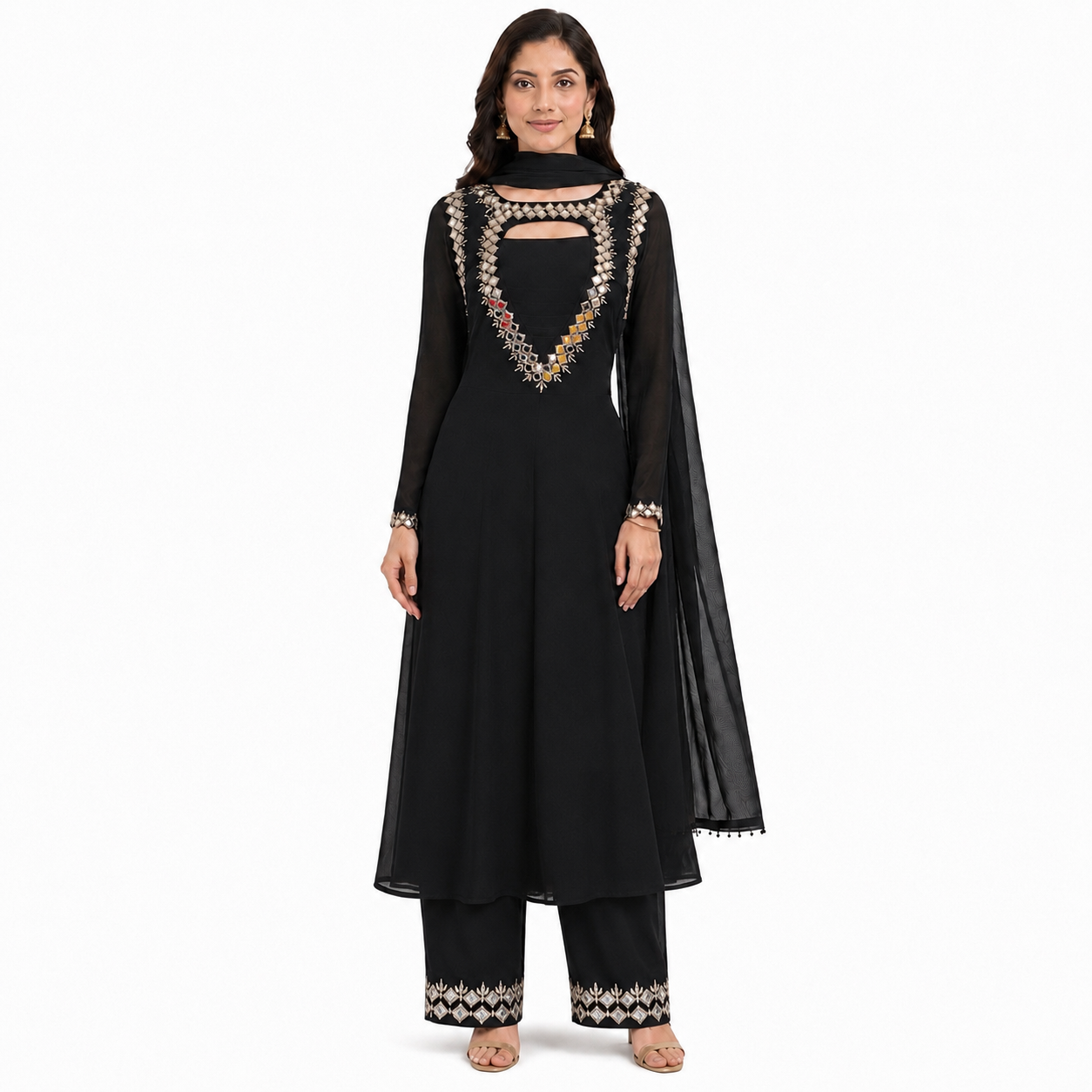 Anarkali Mirror work three piece Suit - fabric georgette  - color, black - (A-031)