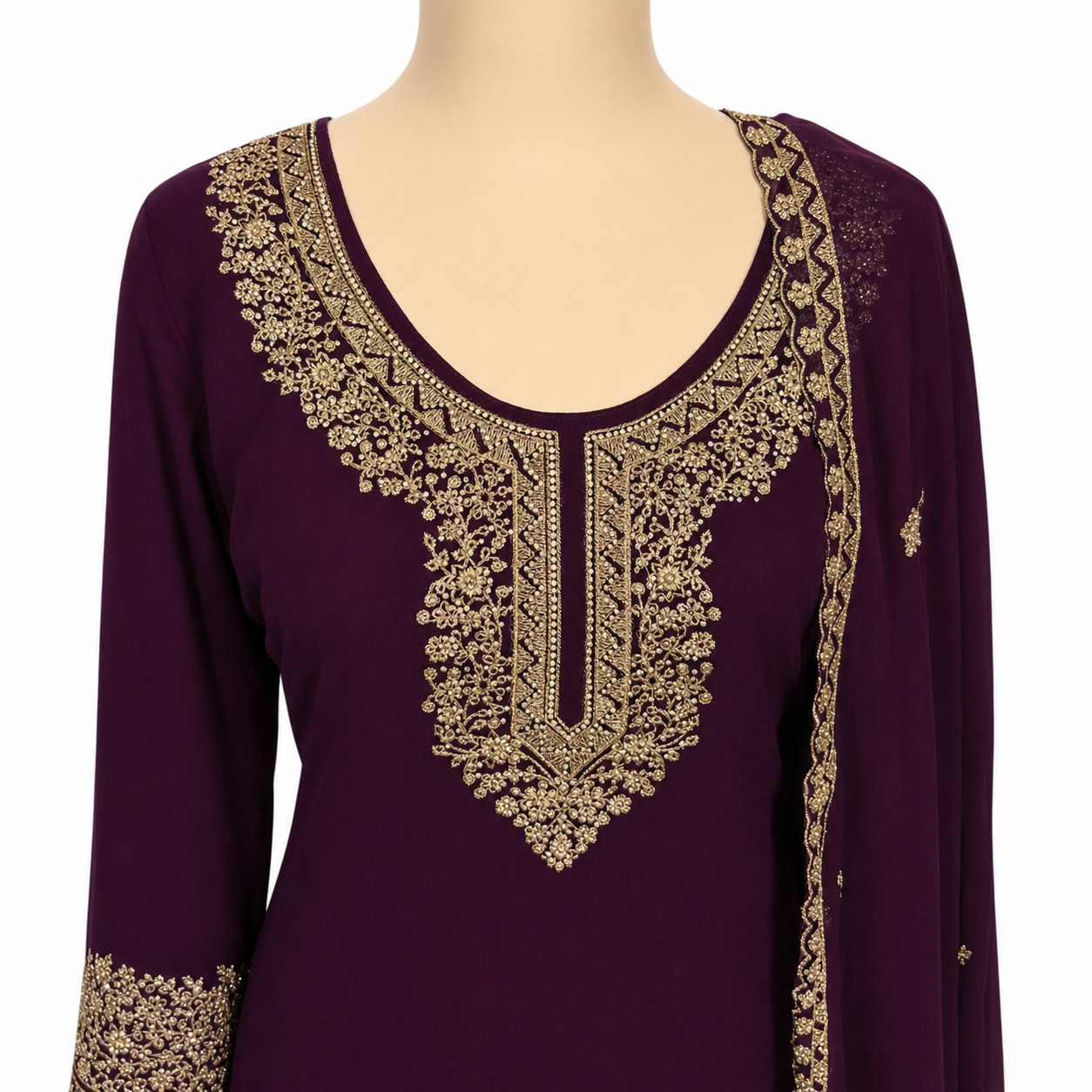Party wear 3 piece suit , fabric georgette color plum size 46 (A-035)