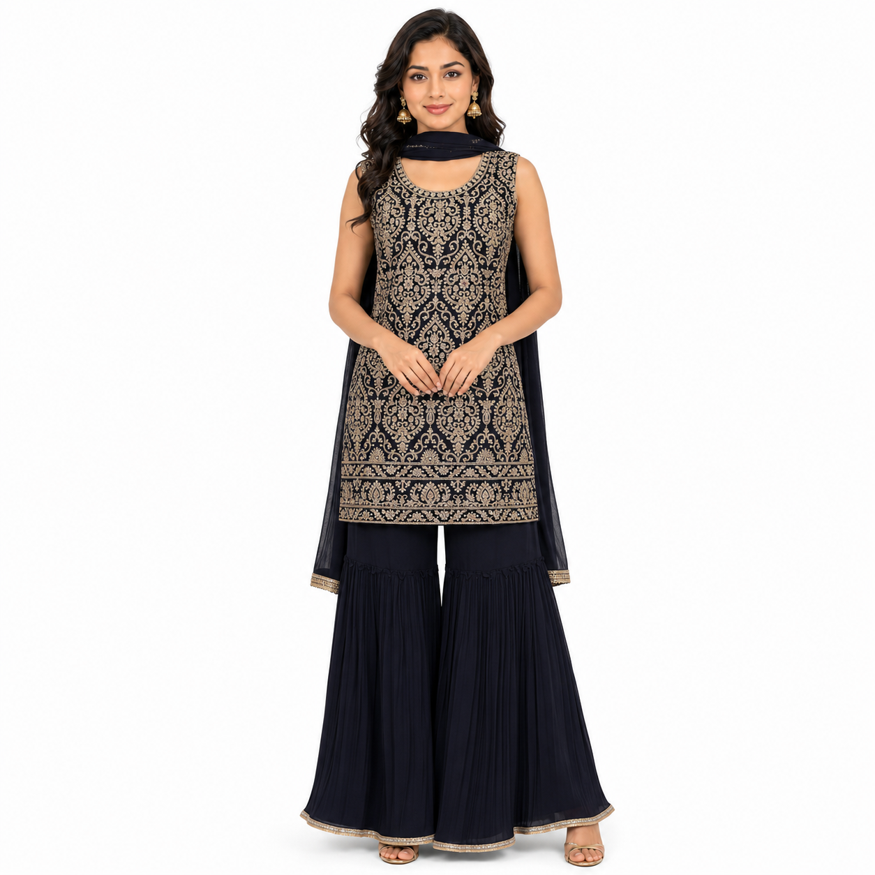 Partywear dress with palazzo and duptta color Dark blue  - fabric georgette