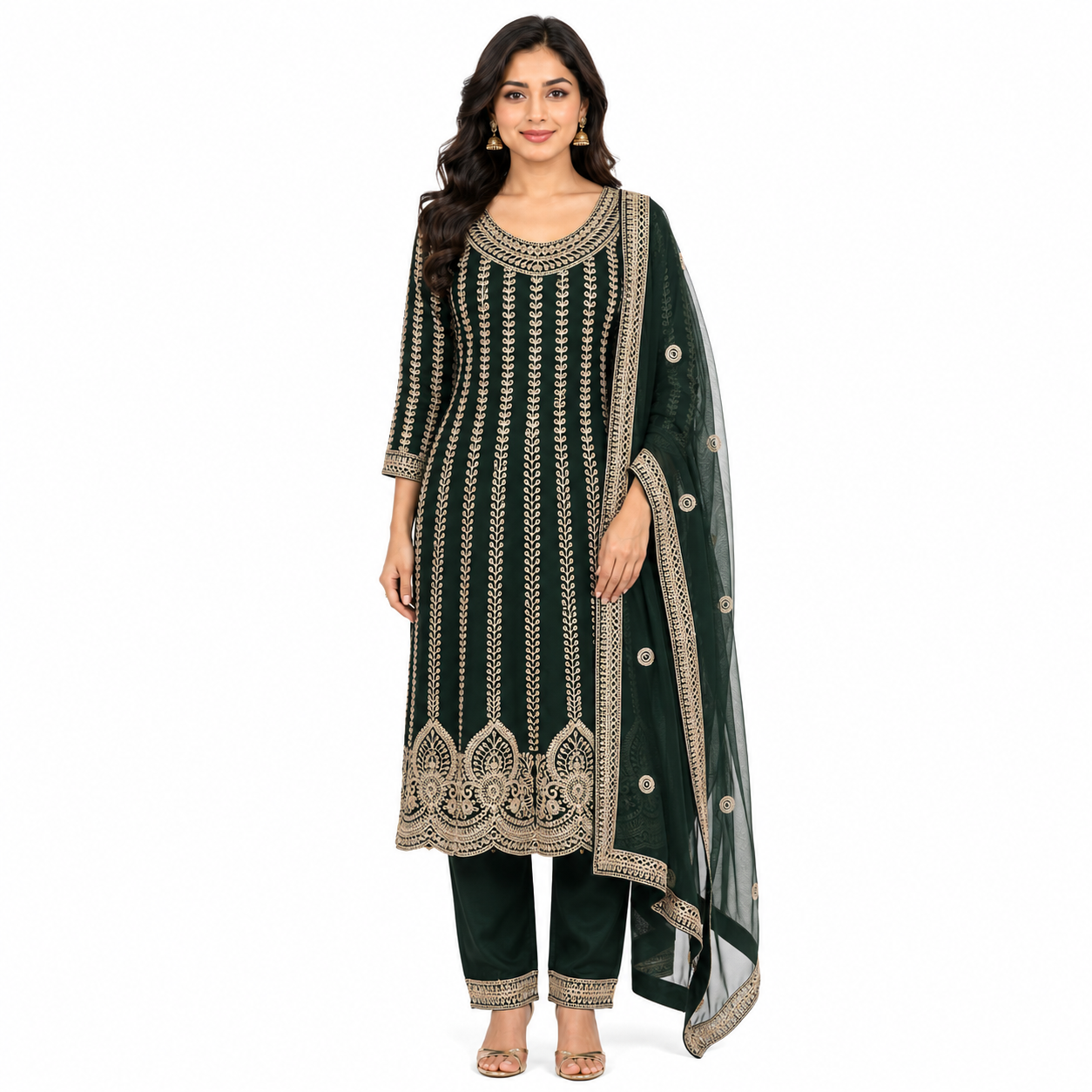 Green partywear anarkali suit, trouser with duptta golden embroidery super stylish ￼