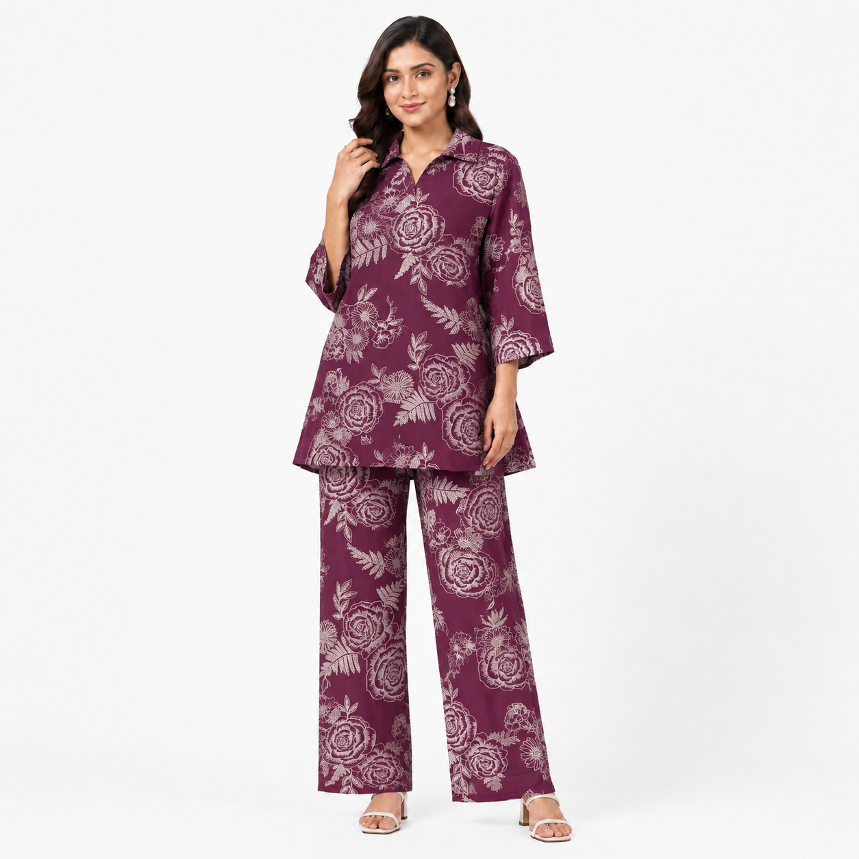 Printed Floral Co-ord Set – Rust, Charcoal Black, Deep Teal & Wine Purple