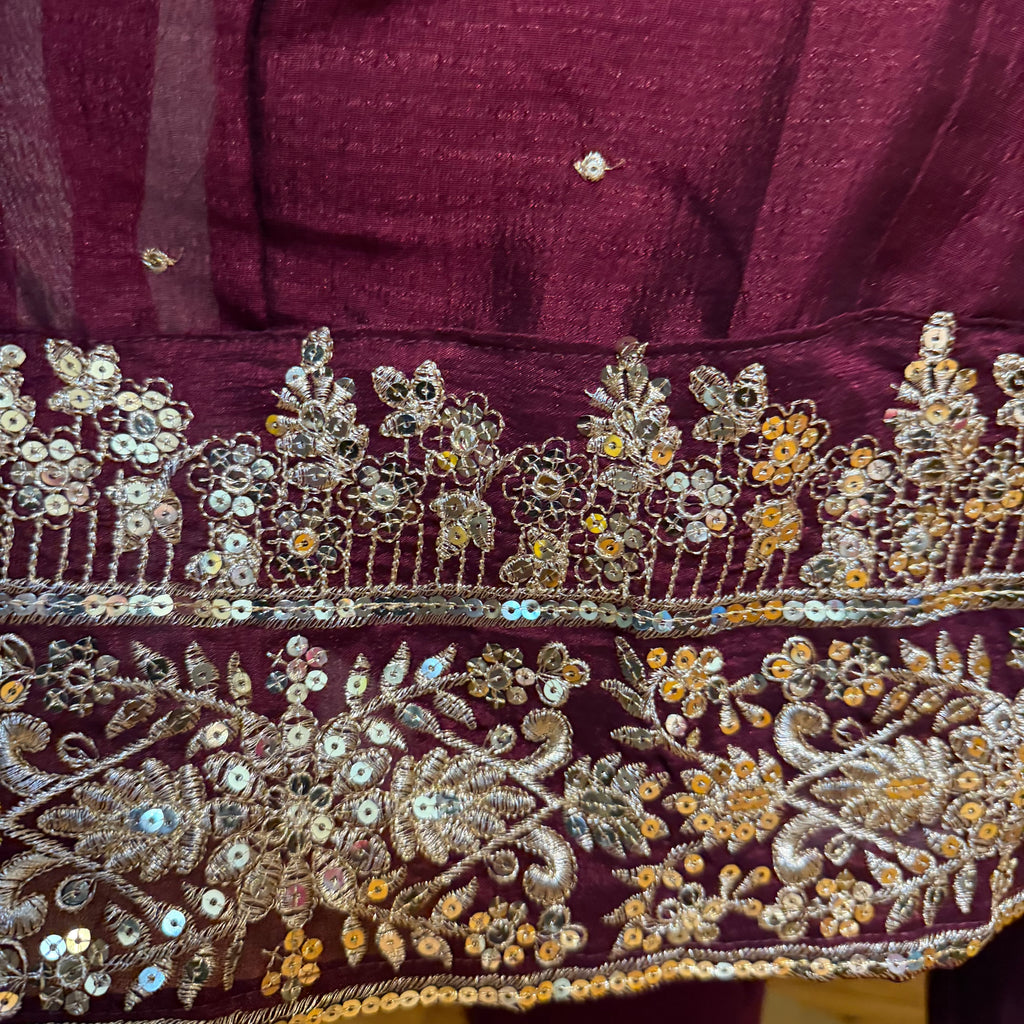 Wine Maroon Embroidered Traditional Suit anarkali style - fabric chinon silk