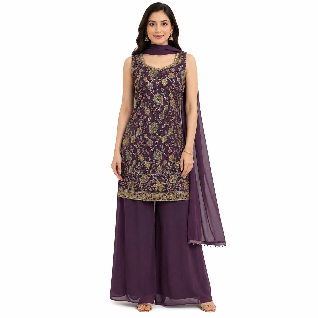 Party wear 3 piece suit , fabric georgette color plum (A-033)