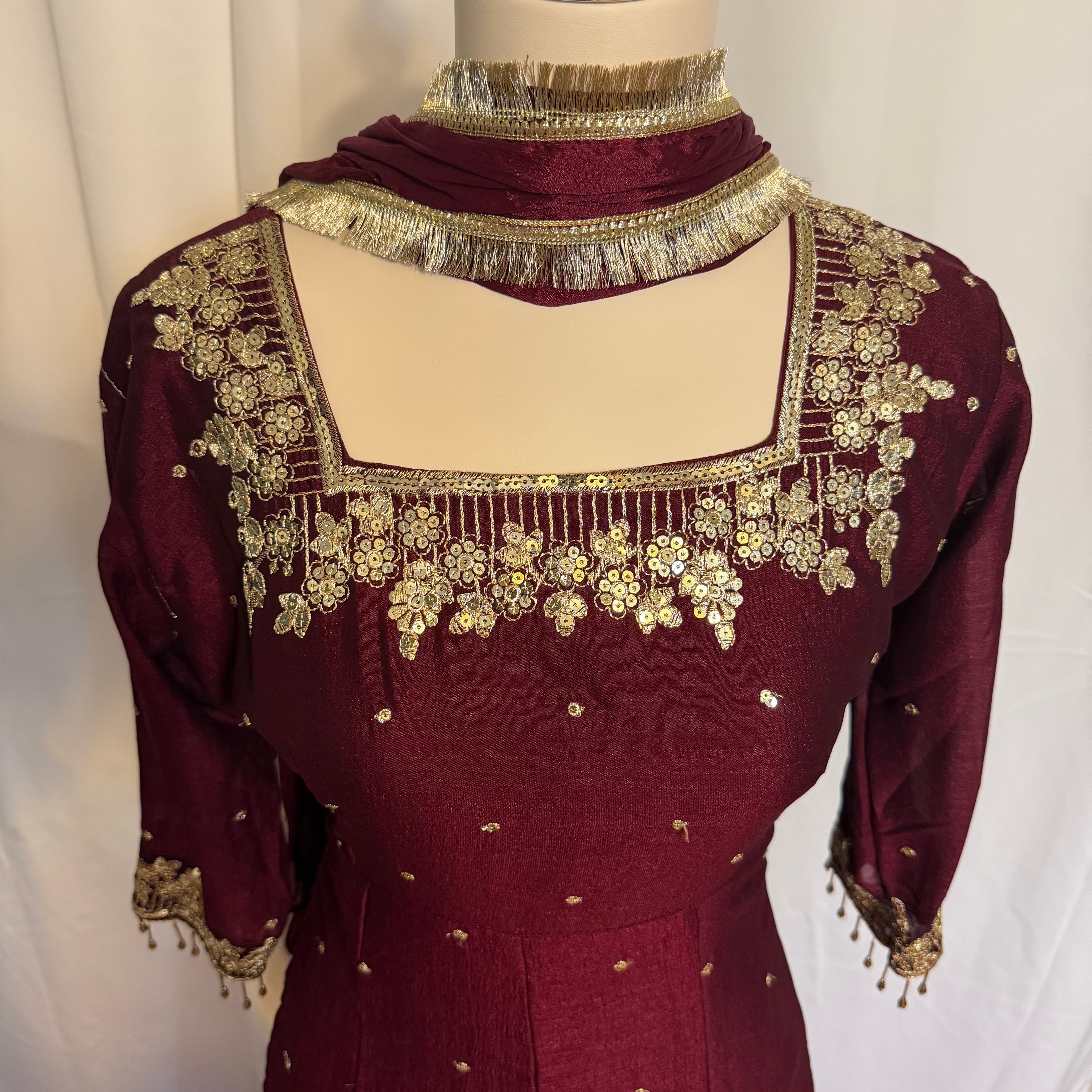 Wine Maroon Embroidered Traditional Suit anarkali style - fabric chinon silk