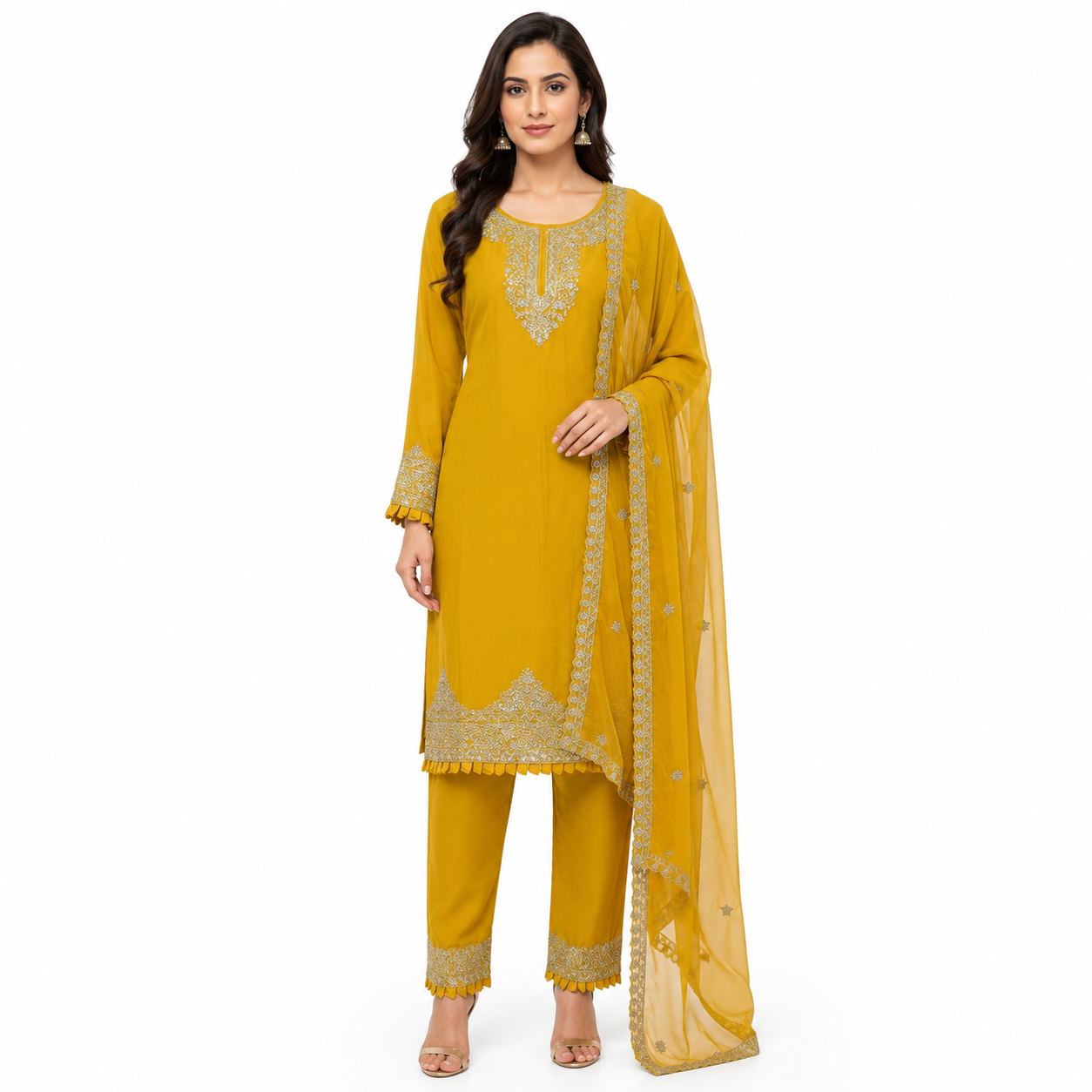 Party wear 3 piece suit , fabric georgette color yellow size 44 (A-036)
