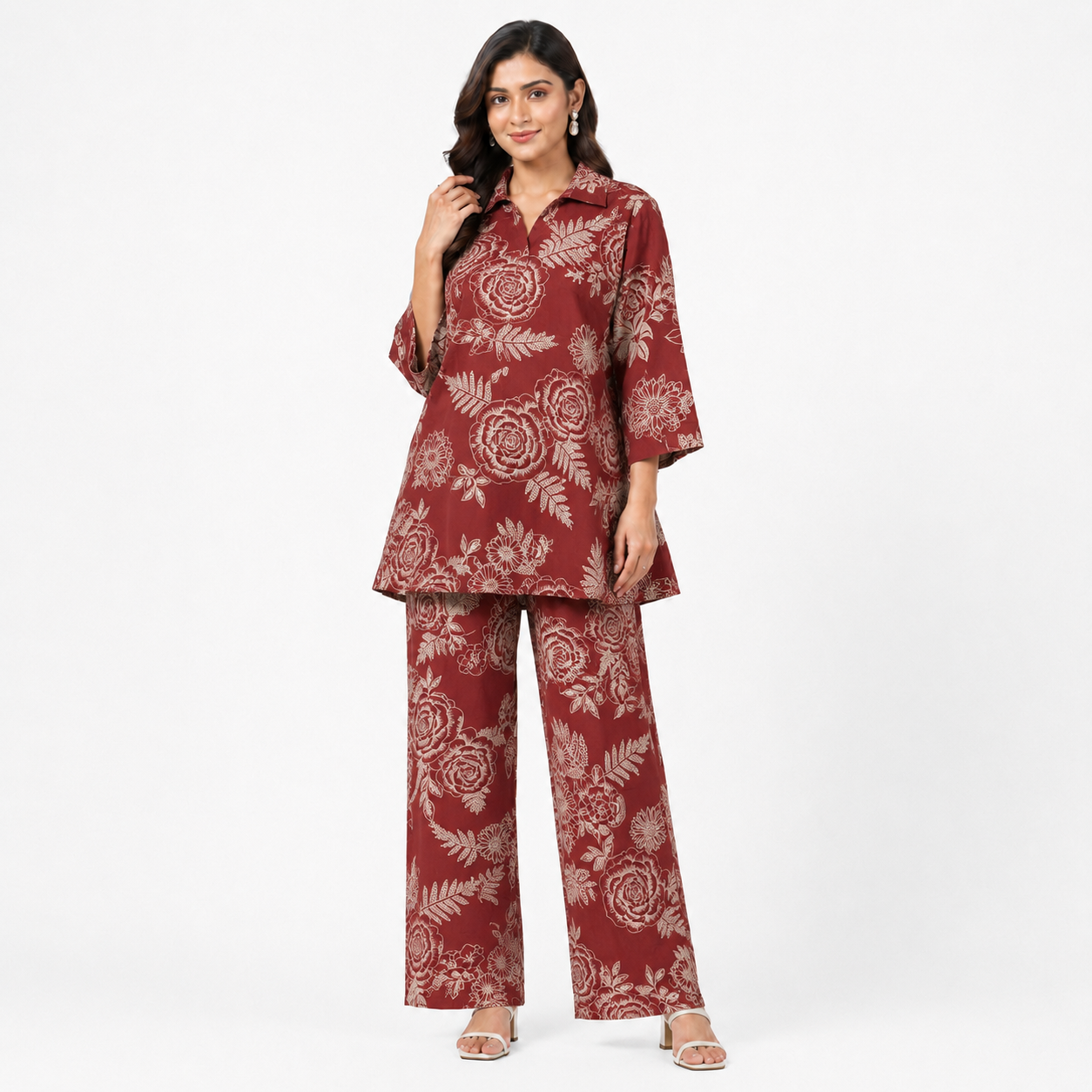 Printed Floral Co-ord Set – Rust, Charcoal Black, Deep Teal & Wine Purple