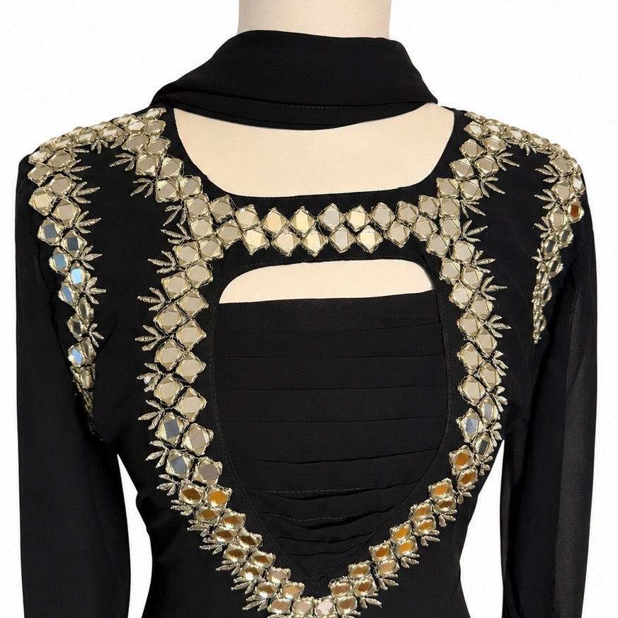 Anarkali Mirror work three piece Suit - fabric georgette  - color, black - (A-031)