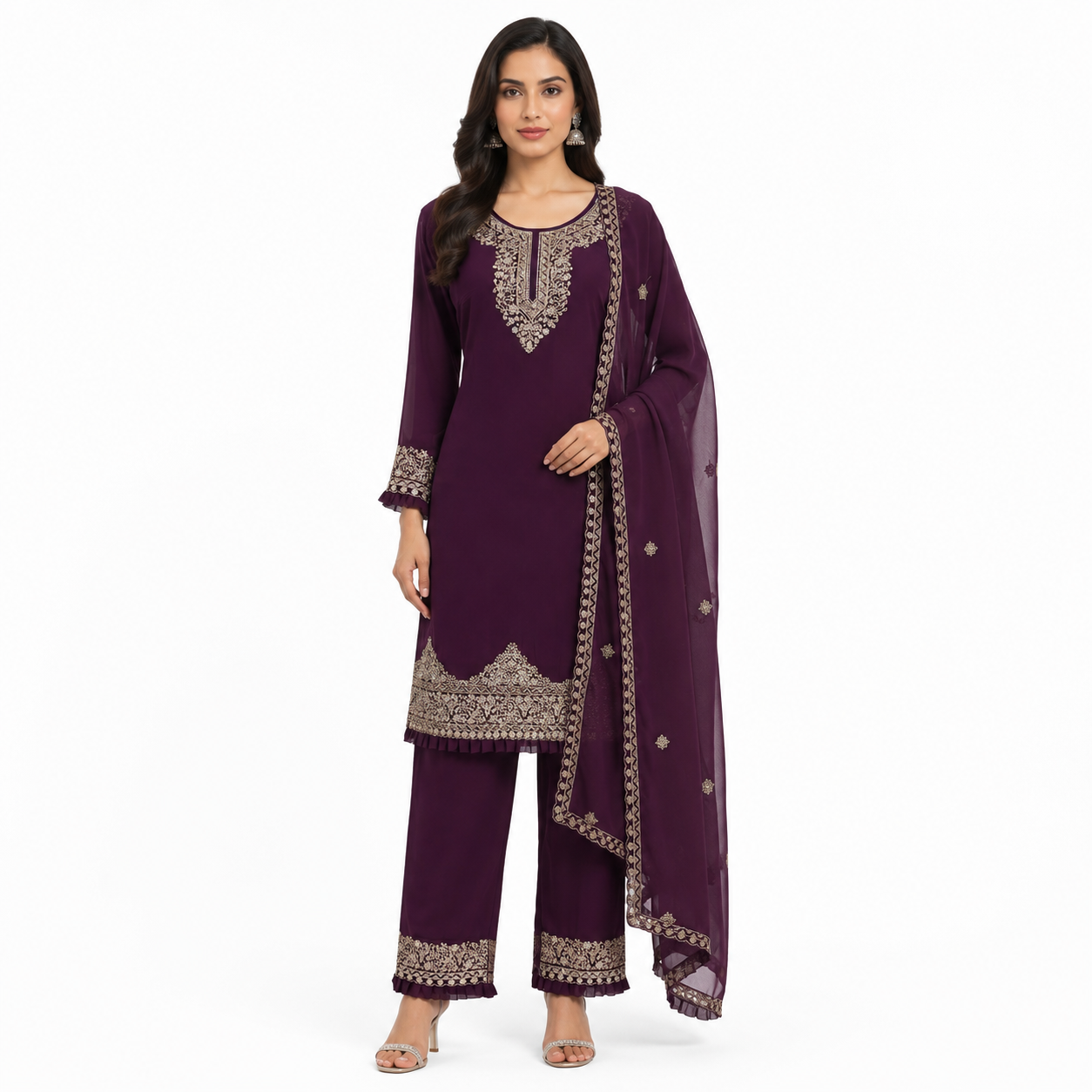 Party wear 3 piece suit , fabric georgette color plum size 46 (A-035)