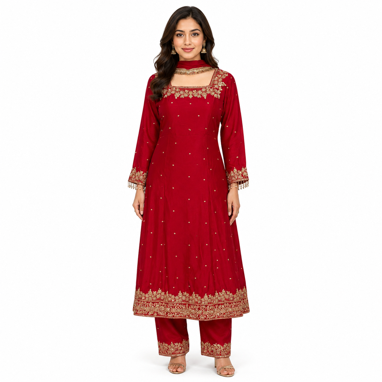 Red partywear anarkali 3 piece suit - fabric chinon silk