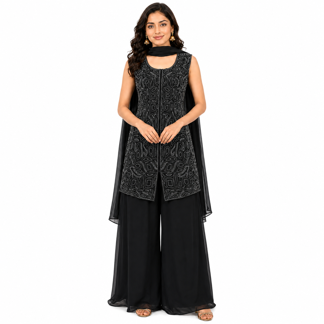Dark Green color Palazzo suit with katdana handwork and duptta - fabric georgette