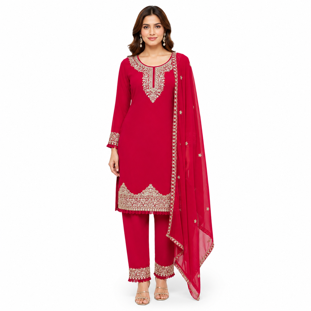 Party wear 3 piece suit , fabric georgette color red (A-034)