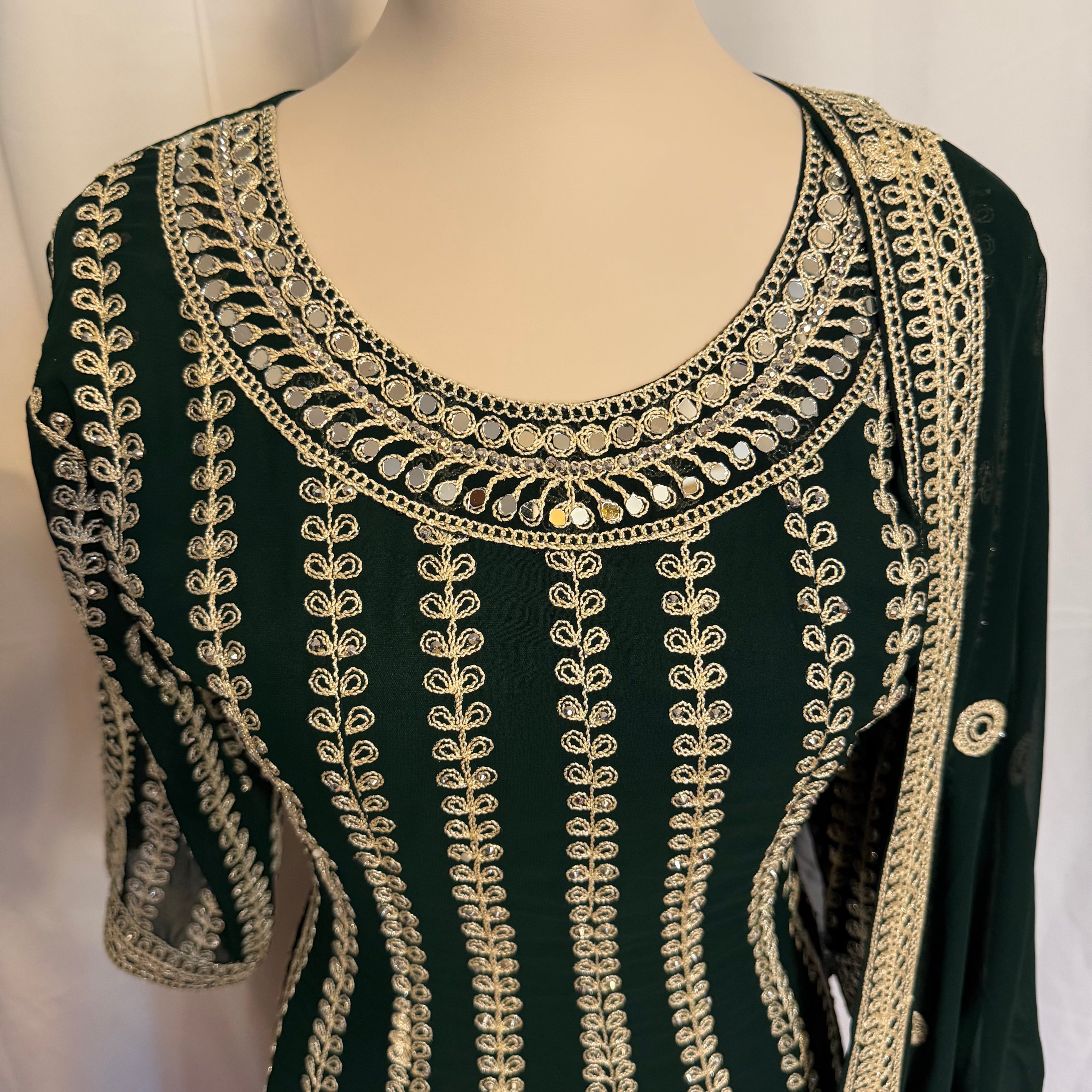 Green partywear anarkali suit, trouser with duptta golden embroidery super stylish ￼