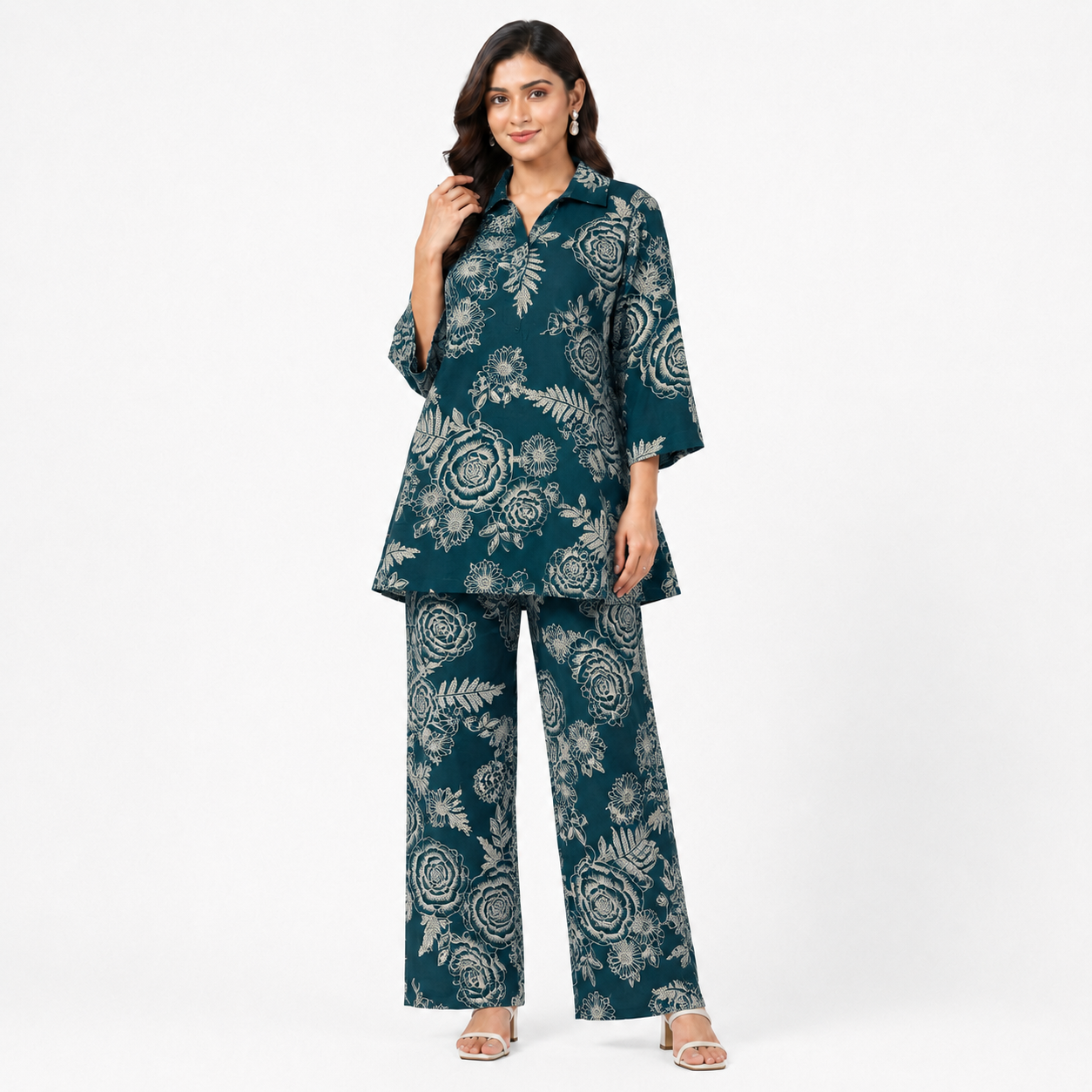 Printed Floral Co-ord Set – Rust, Charcoal Black, Deep Teal & Wine Purple