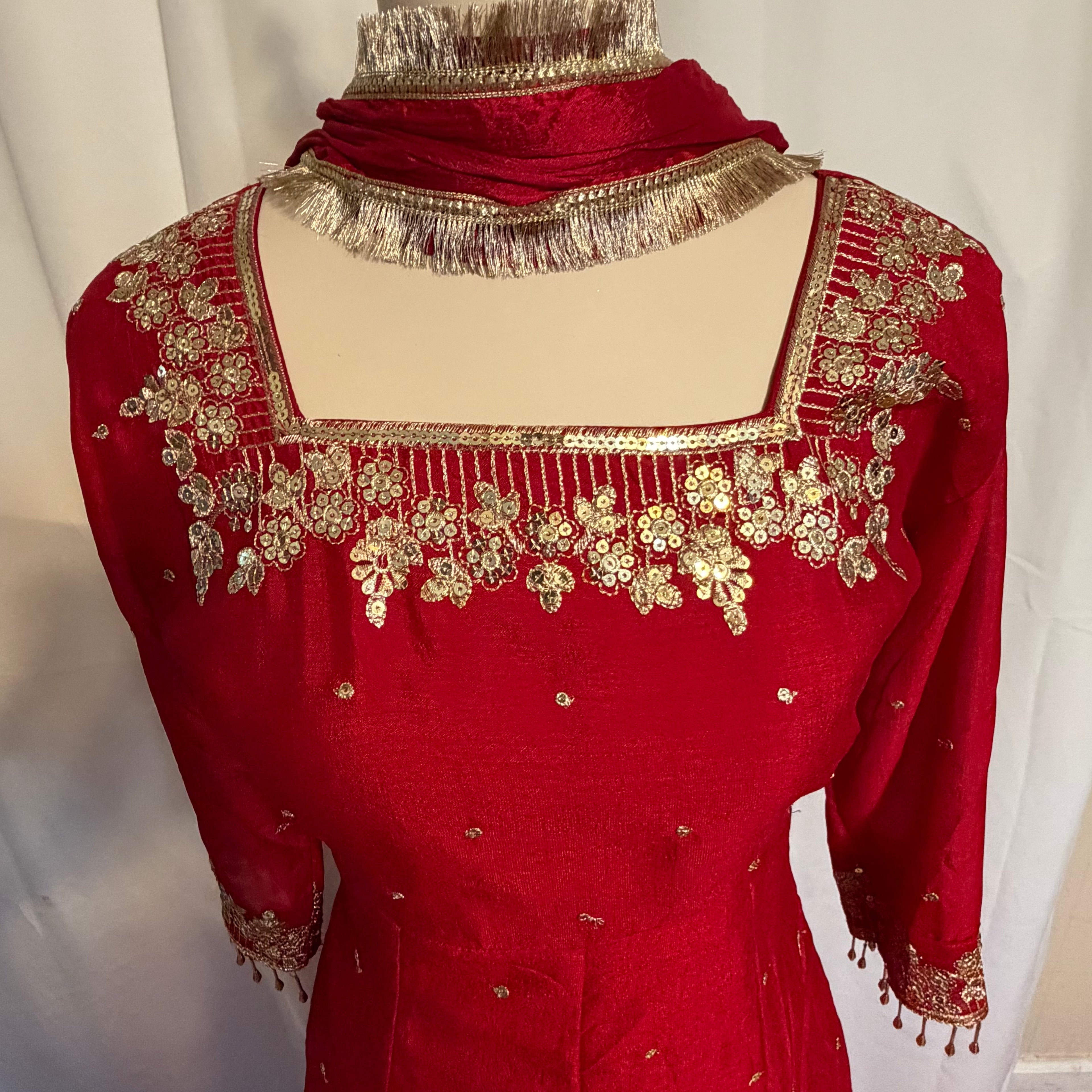 Red partywear anarkali 3 piece suit - fabric chinon silk