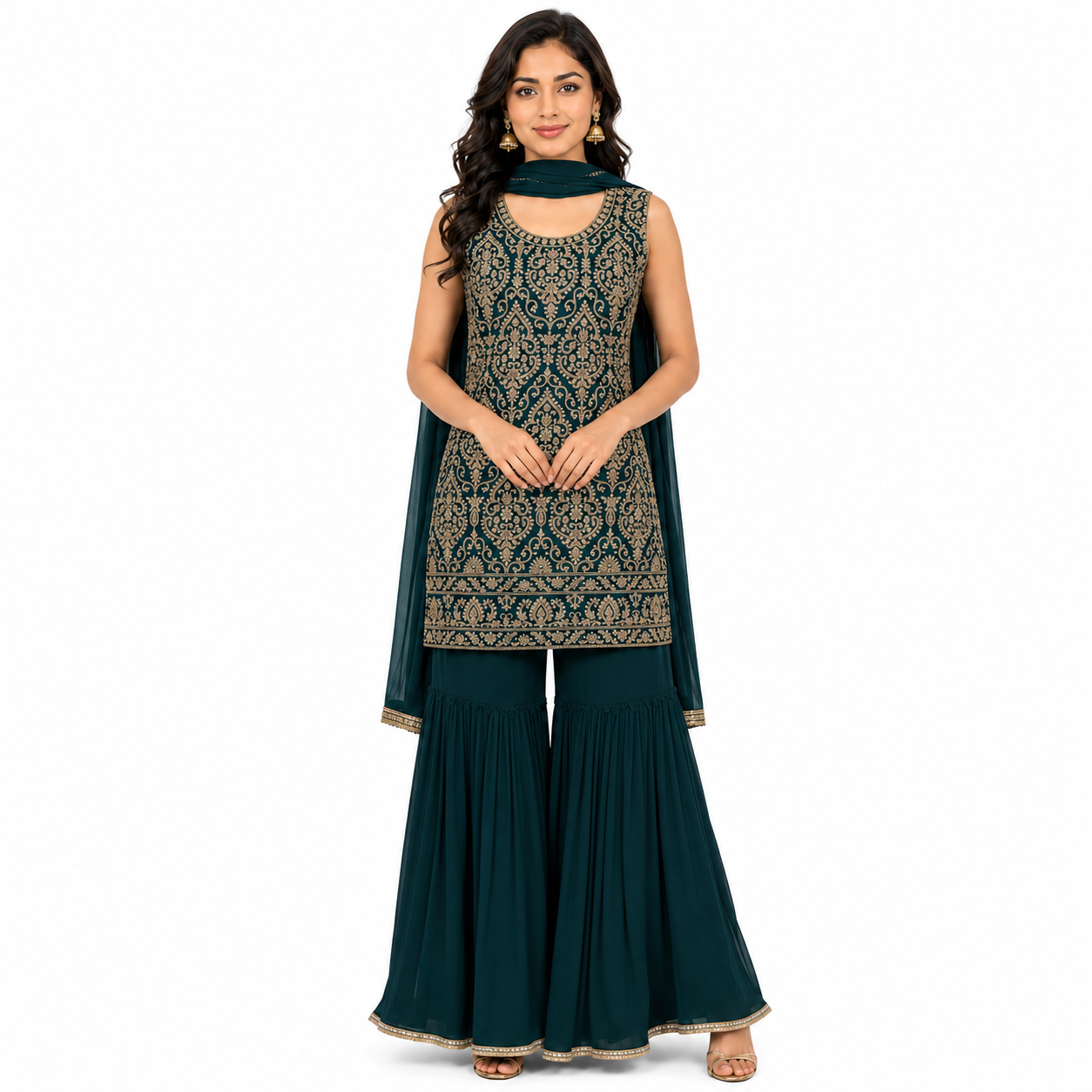 Partywear dress with palazzo and duptta teal color - fabric georgette