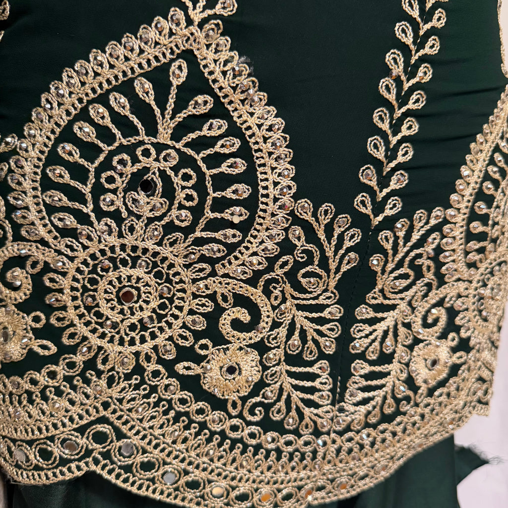 Green partywear anarkali suit, trouser with duptta golden embroidery super stylish ￼