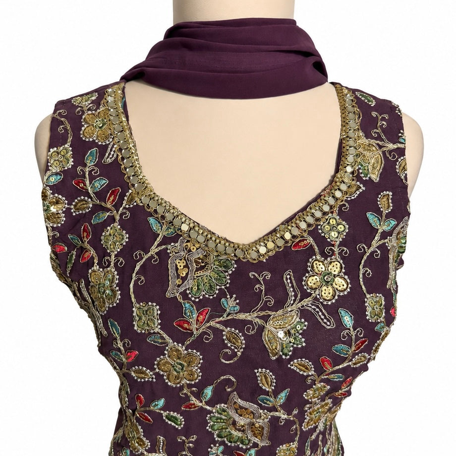 Party wear 3 piece suit , fabric georgette color plum (A-033)