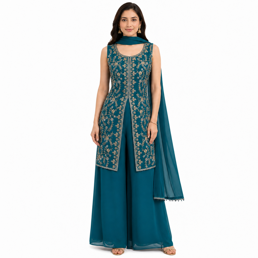 Party wear 3 piece suit , fabric georgette color teal blue - (A-032)