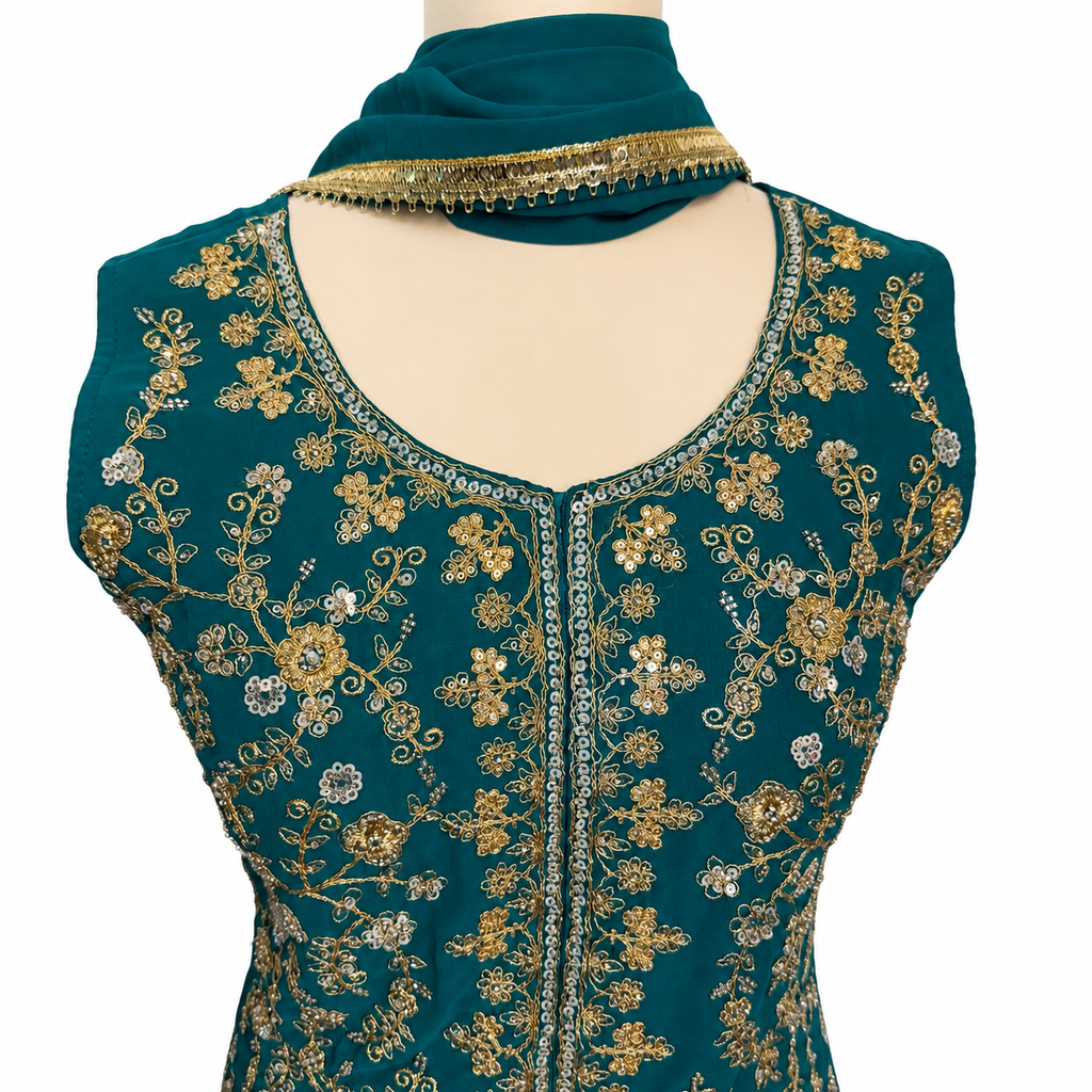 Party wear 3 piece suit , fabric georgette color teal blue - (A-032)
