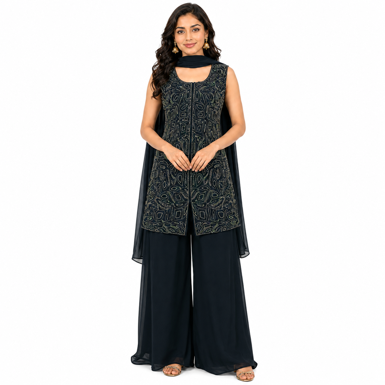 Peacock color Palazzo suit with katdana handwork and duptta - fabric georgette