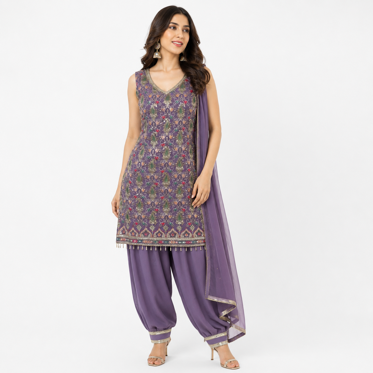 Partywear 3 Piece Suit With Afghani Salvar