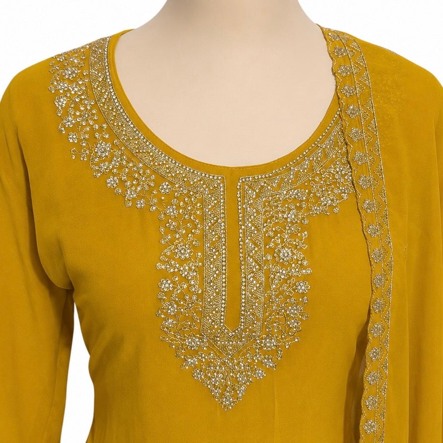 Party wear 3 piece suit , fabric georgette color yellow size 44 (A-036)