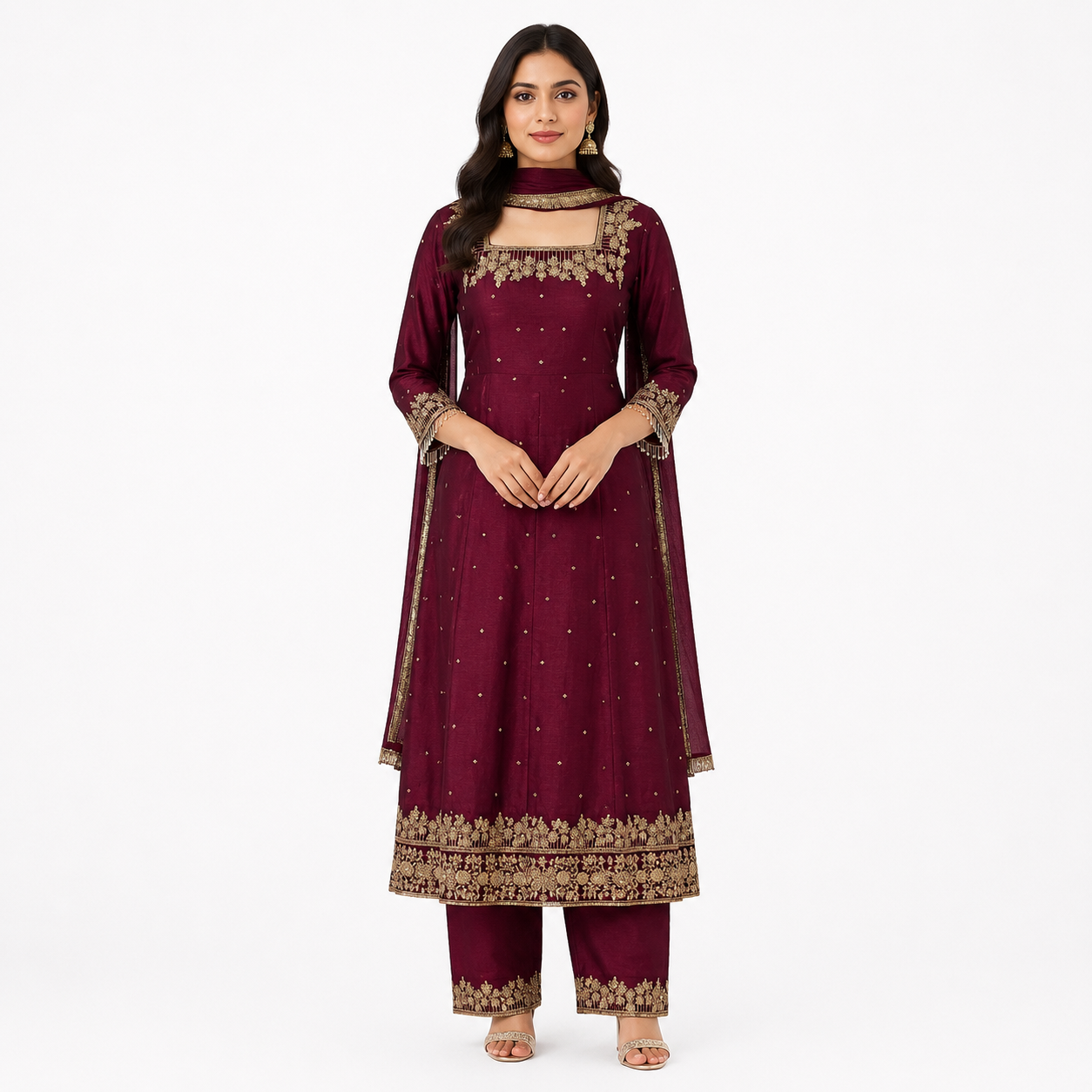 Wine Maroon Embroidered Traditional Suit anarkali style - fabric chinon silk
