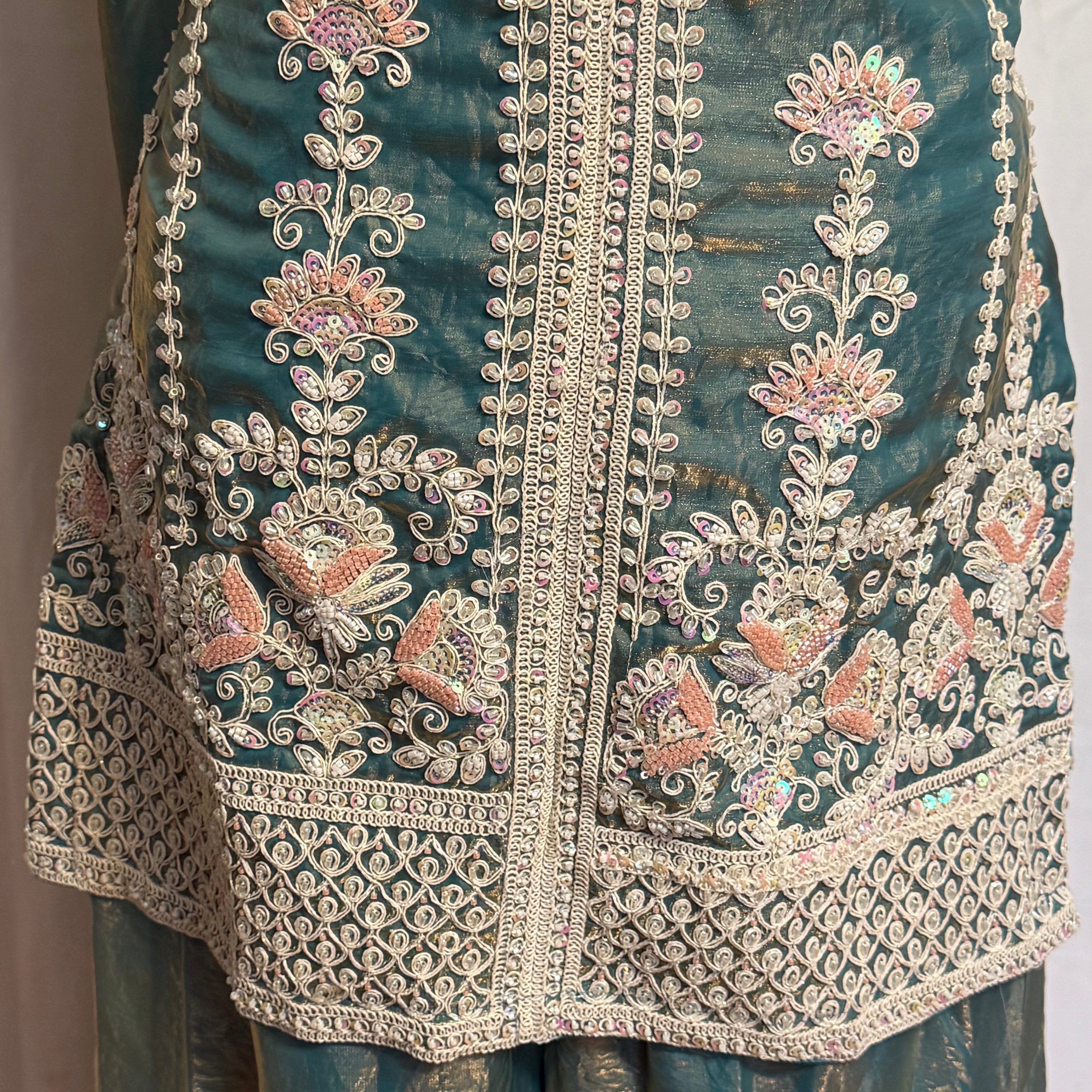 Party wear three piece, palazzo Suit color, teal green fabric fendy silk ￼