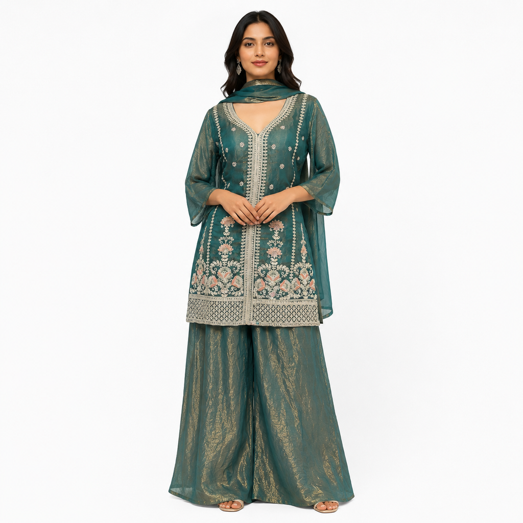 Party wear three piece, palazzo Suit color, teal green fabric fendy silk ￼