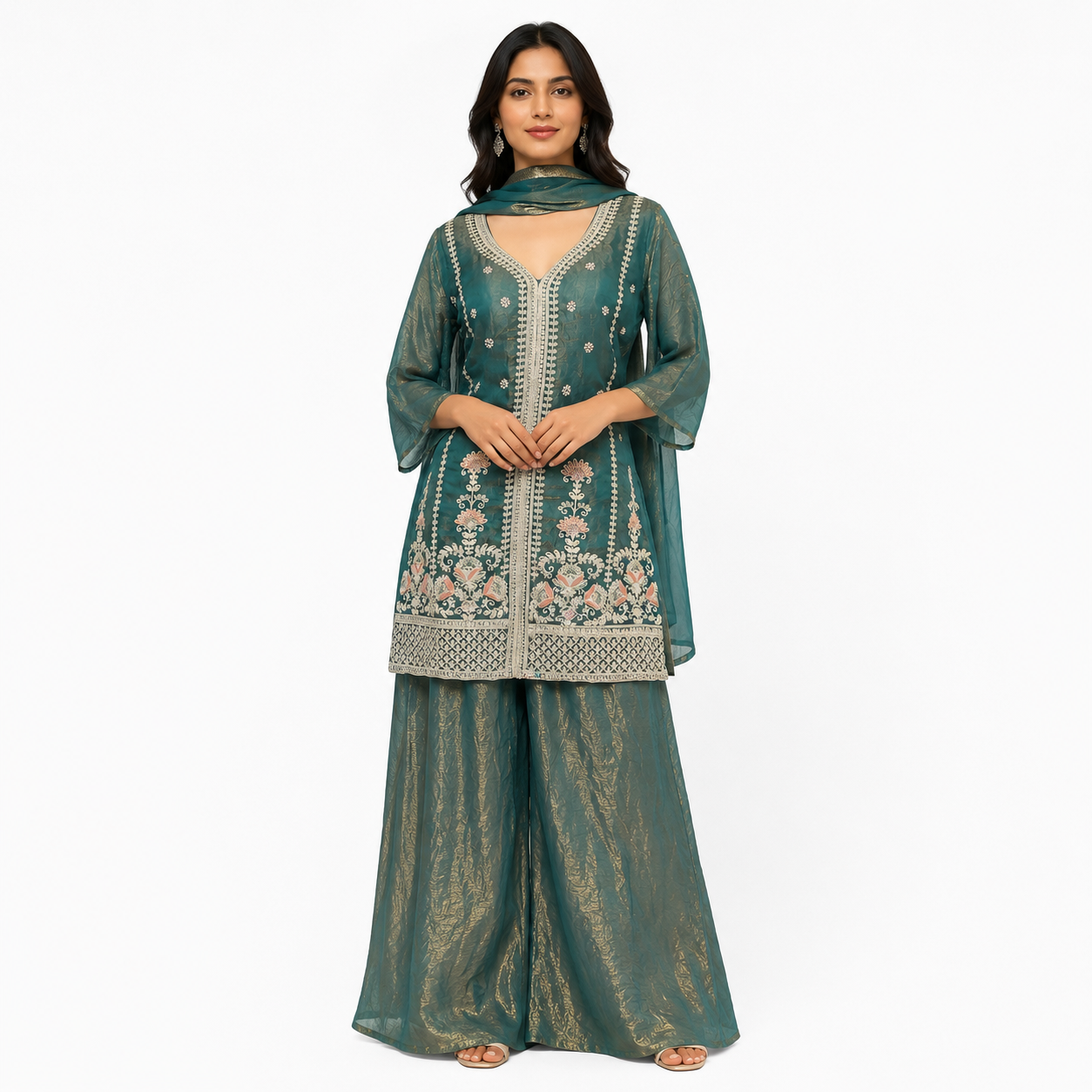Party wear three piece, palazzo Suit color, teal green fabric fendy silk ￼