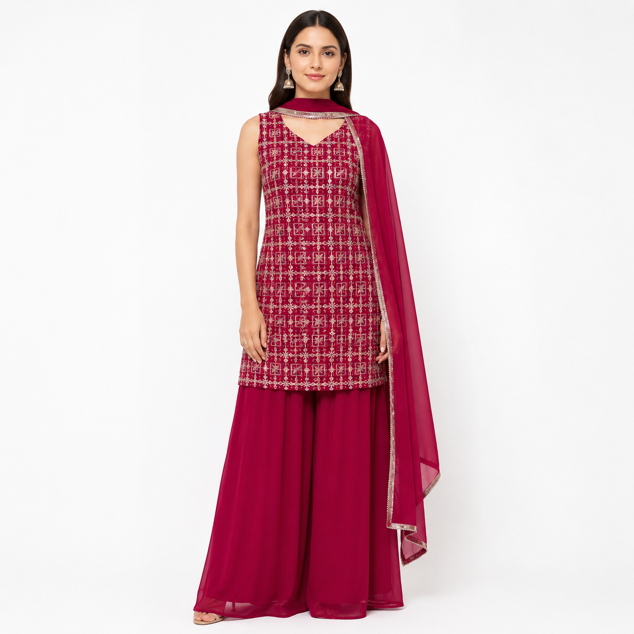 Partywear 3 piece palazzo suit | Color Deep Raspberry Pink | fabric georgette