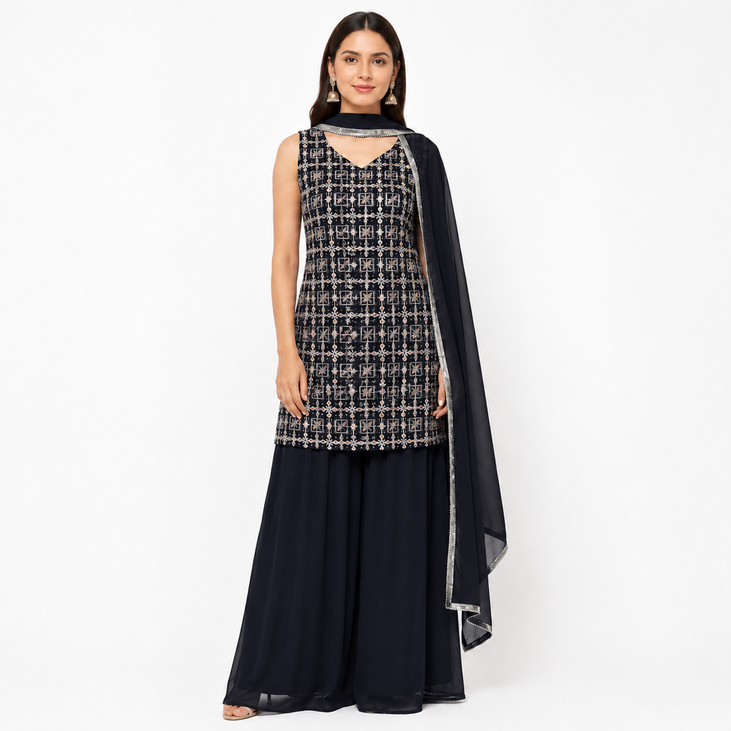 Partywear 3 piece palazzo suit color dark blue - fabric georgette
