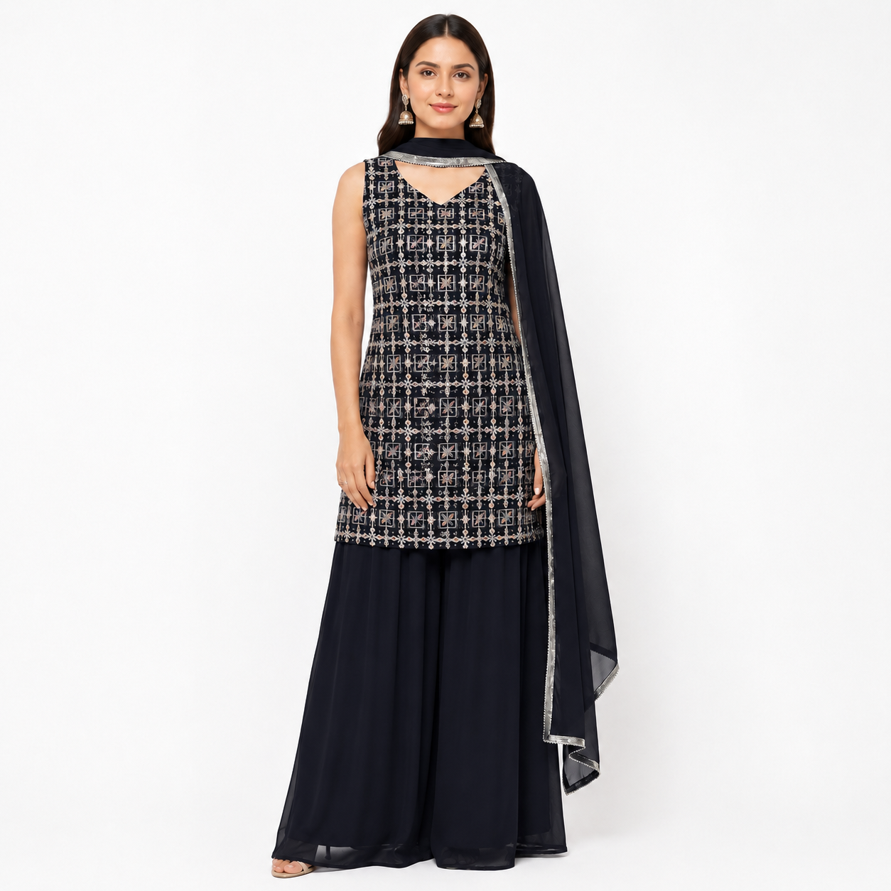 Partywear 3 piece palazzo suit color dark blue - fabric georgette