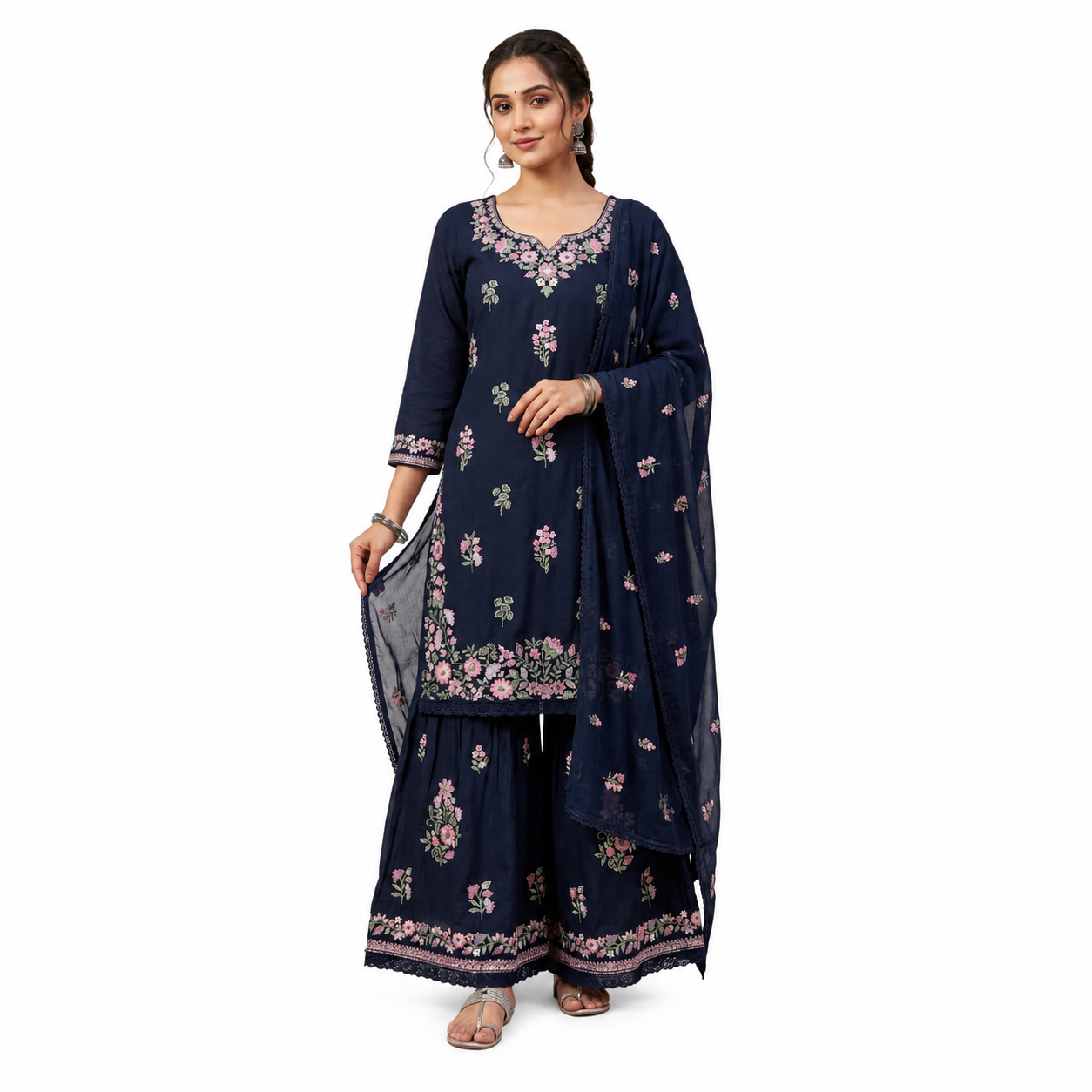 3 piece blue suit with flower design