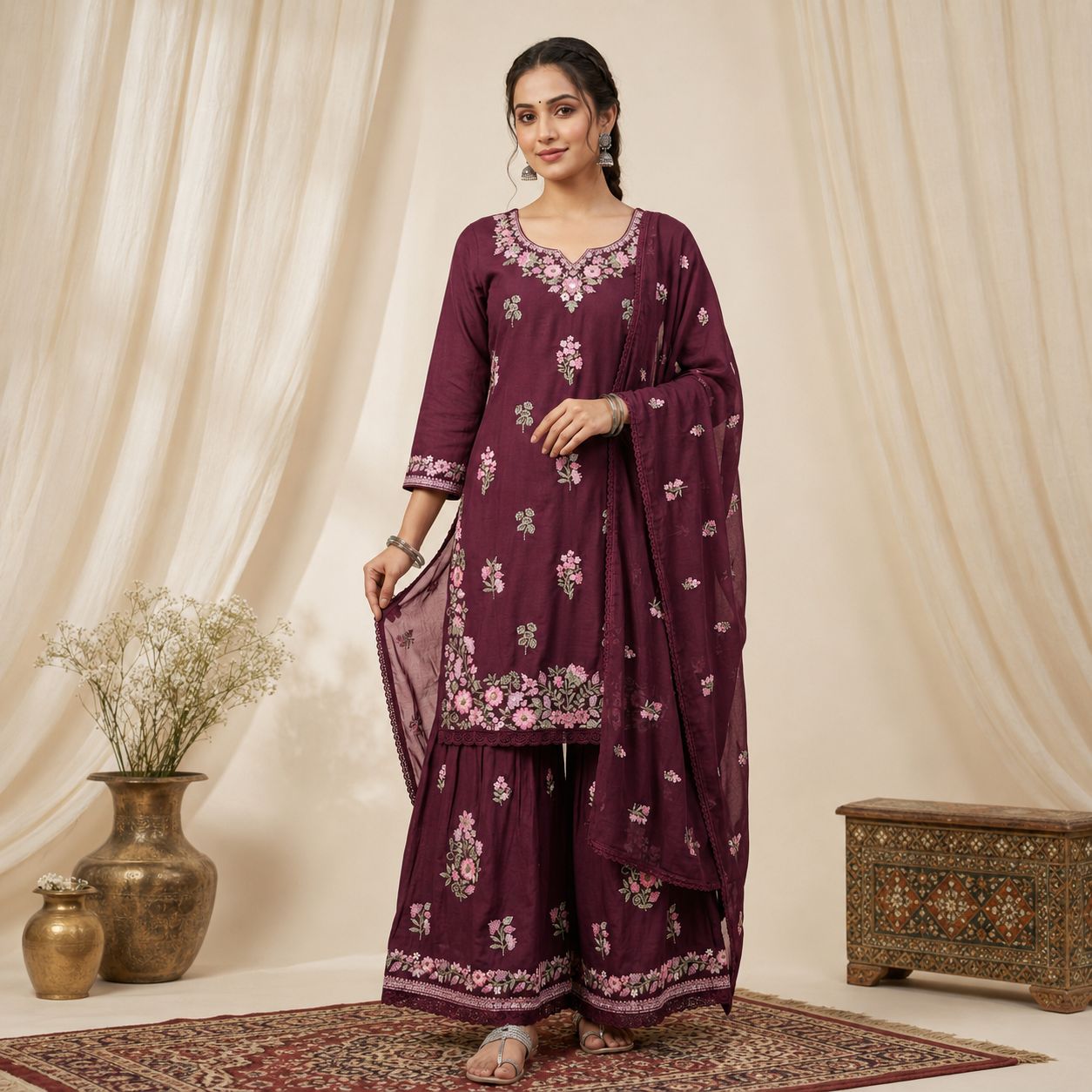 3 piece suit color plum fabric- ryon cotton